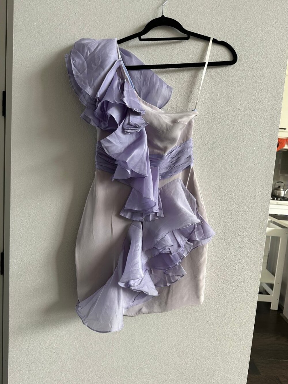 Marchesa Notte One-Shoulder Cascading Ruffle Cocktail Dress Lavender Size 0